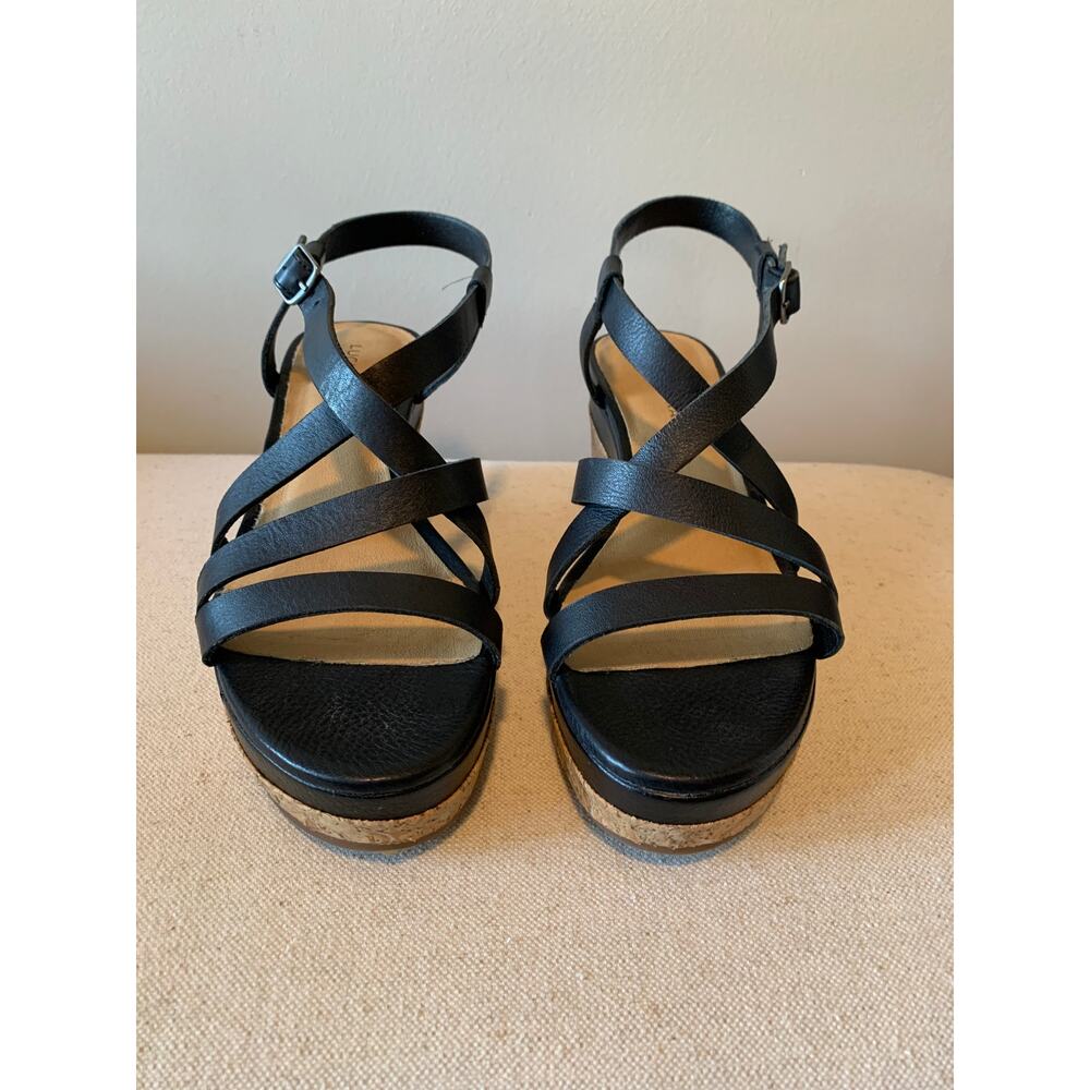 Lucky Brand Black Leather Strappy Platform Wedge Sandals 9.5